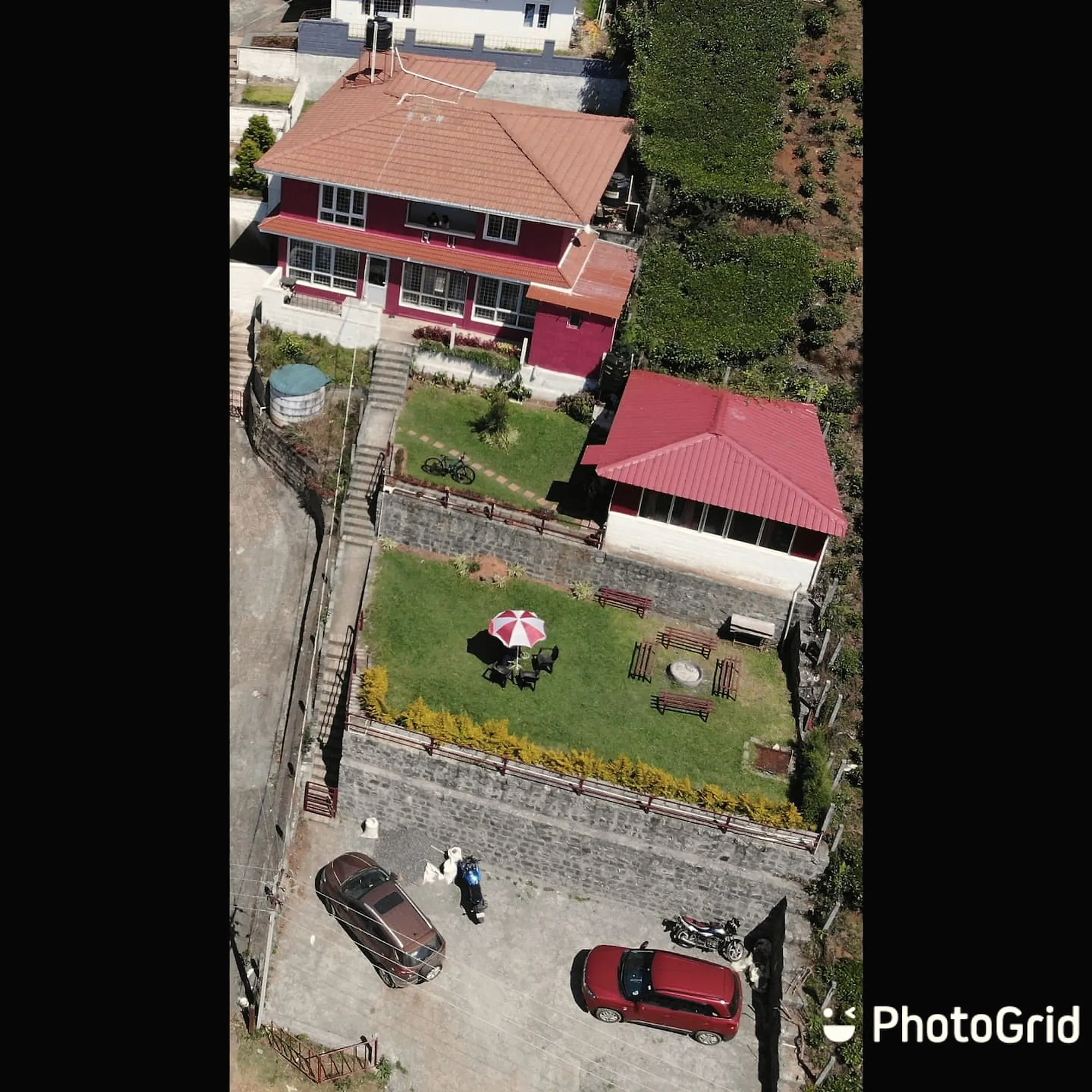 The cottage and lawn from above