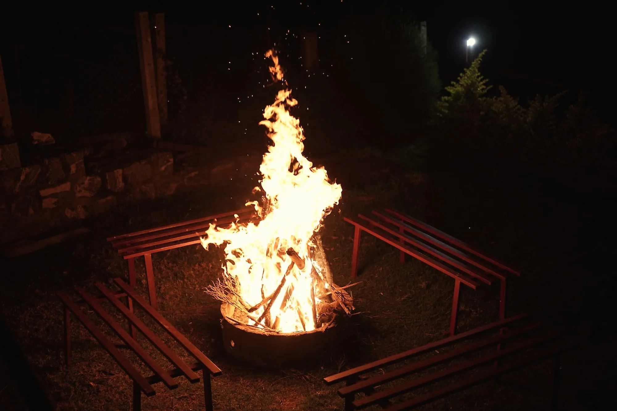 Fire pit on the lawn at night